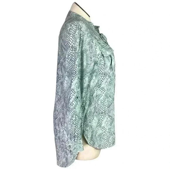 Haute Hippie Tribe Womens L Snake Print Lace Up Top Green Gray Roll Tab Sleeves - Picture 3 of 9
